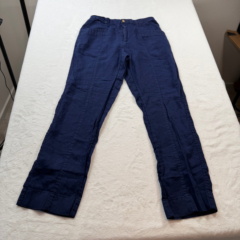 Nicole‎ Miller Linen Pants Womens M Navy Blue Good Straight Leg Elastic Back